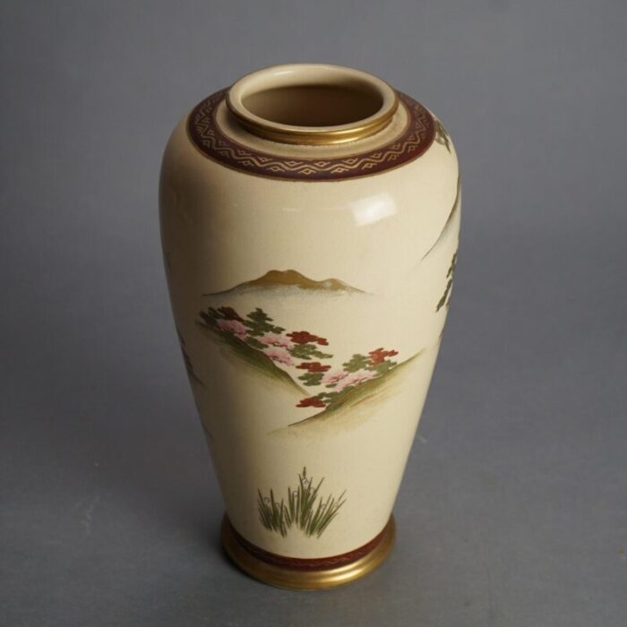 antique japanese satsuma pottery vase with pagoda and landscape circa 1920 5596