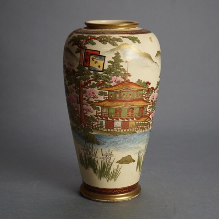 antique japanese satsuma pottery vase with pagoda and landscape circa 1920 8433