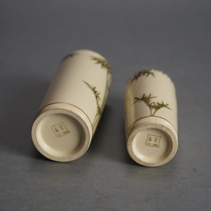 antique japanese satsuma pottery vases with bamboo and gilt decoration circa 1920 set of 2 1170