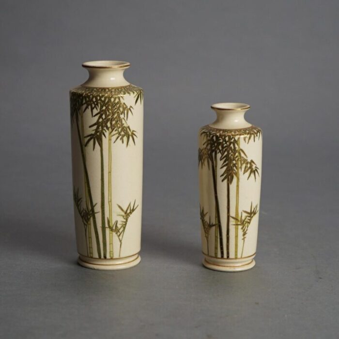 antique japanese satsuma pottery vases with bamboo and gilt decoration circa 1920 set of 2 2101