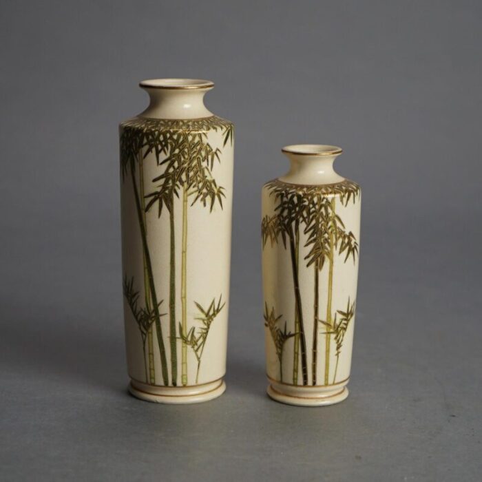 antique japanese satsuma pottery vases with bamboo and gilt decoration circa 1920 set of 2 4479