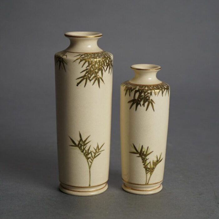 antique japanese satsuma pottery vases with bamboo and gilt decoration circa 1920 set of 2 4947