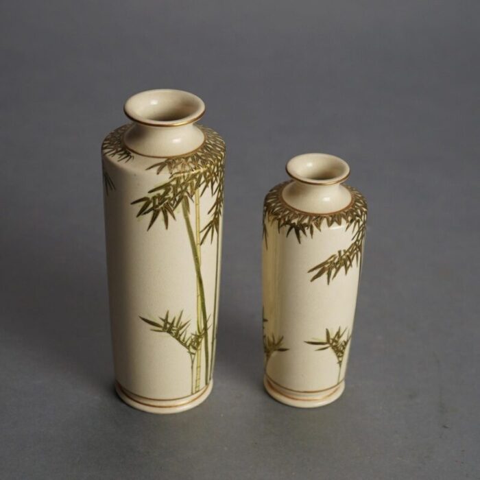 antique japanese satsuma pottery vases with bamboo and gilt decoration circa 1920 set of 2 6264