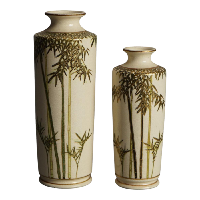 antique japanese satsuma pottery vases with bamboo and gilt decoration circa 1920 set of 2 7805