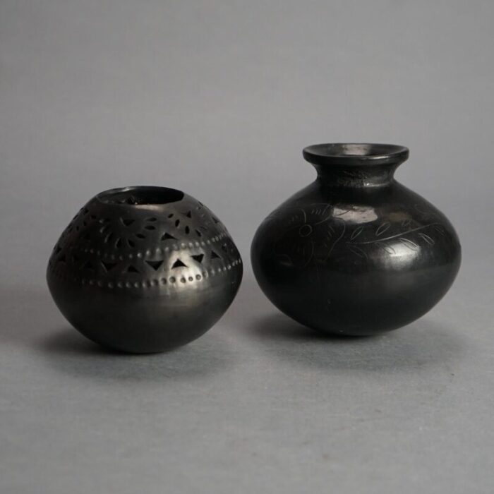 antique mexican folk art black reticulated and incised pottery vases c1920 set of 2 5645