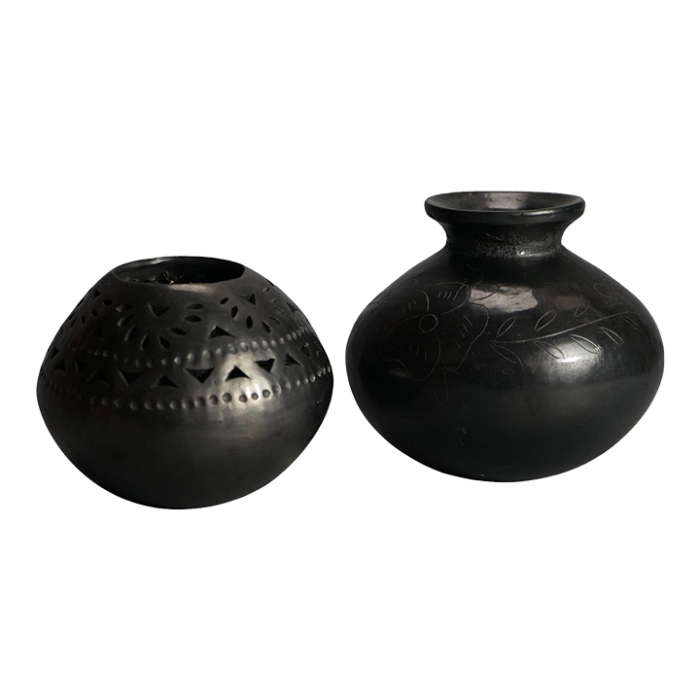 antique mexican folk art black reticulated and incised pottery vases c1920 set of 2 6718