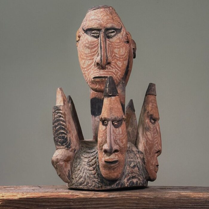 antique new guinea middle sepik river multi face polychrome hand carved wood sculpture 0193