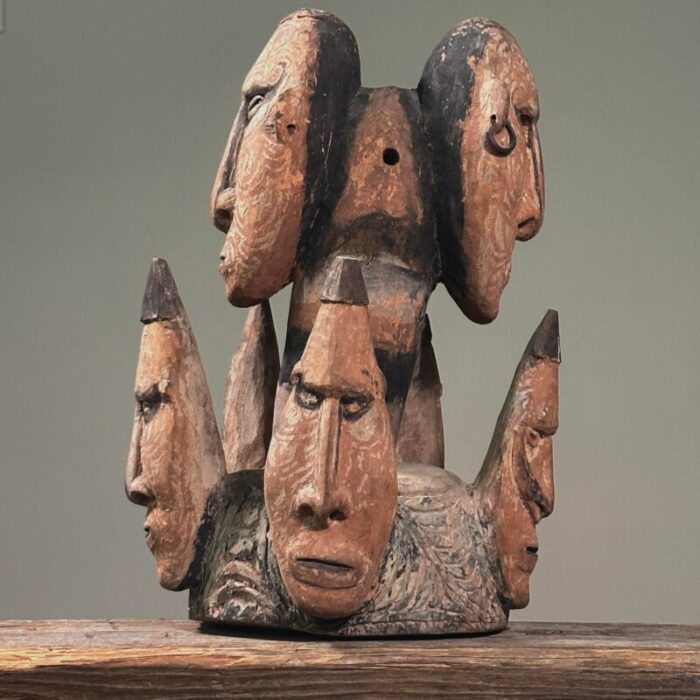 antique new guinea middle sepik river multi face polychrome hand carved wood sculpture 2611