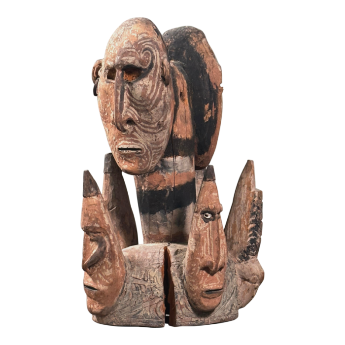 antique new guinea middle sepik river multi face polychrome hand carved wood sculpture 6438