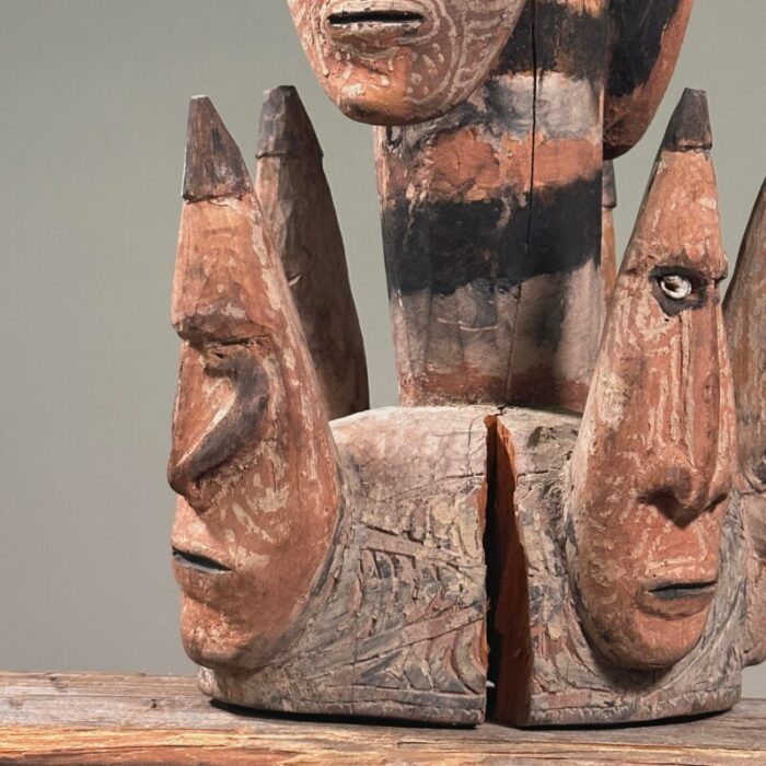 antique new guinea middle sepik river multi face polychrome hand carved wood sculpture 8098