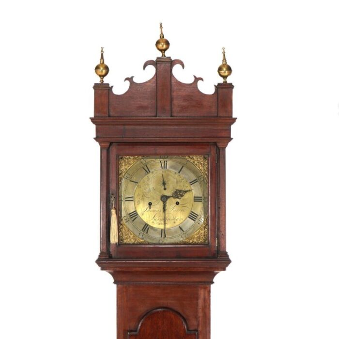 antique thomas farrer mahogany grandfather clock with brass finials 19th century 2905