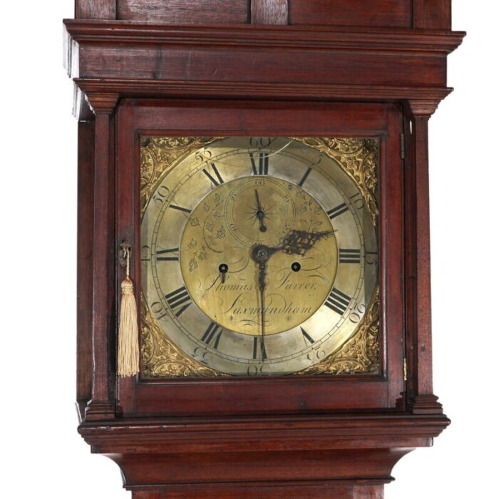 antique thomas farrer mahogany grandfather clock with brass finials 19th century 8594