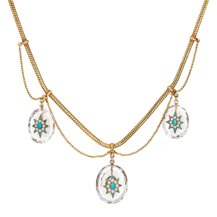 antique victorian rock crystal necklace howell james co 14k gold turquoise case 8698