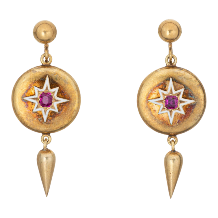 antique victorian ruby locket earrings star enamel 14k yellow gold 15 drops 4994