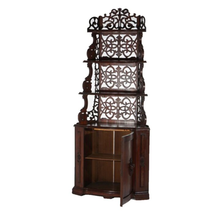 antique victorian walnut etagere with reticulated and graduated carved shelving 2876