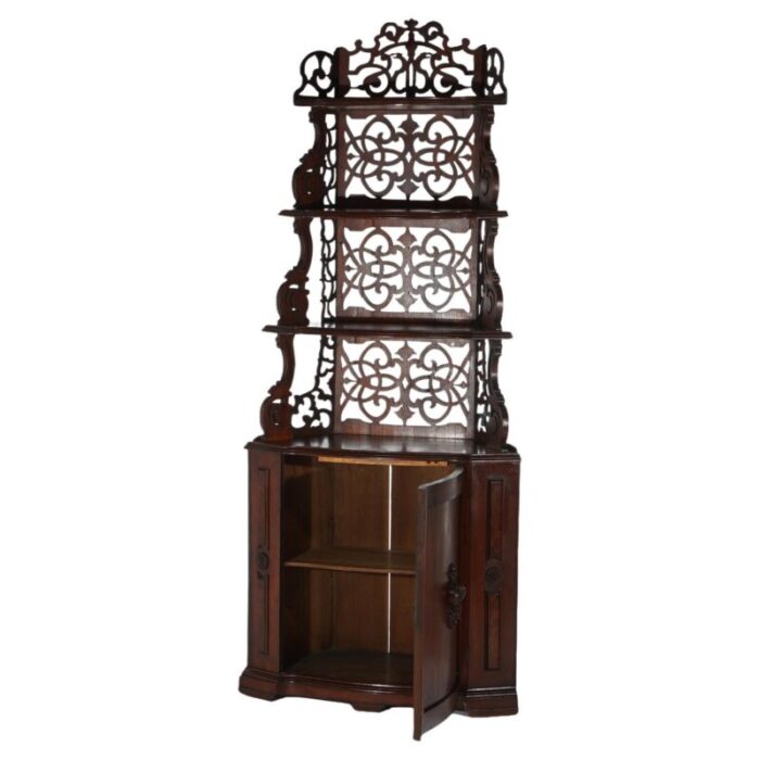 antique victorian walnut etagere with reticulated and graduated carved shelving 3920