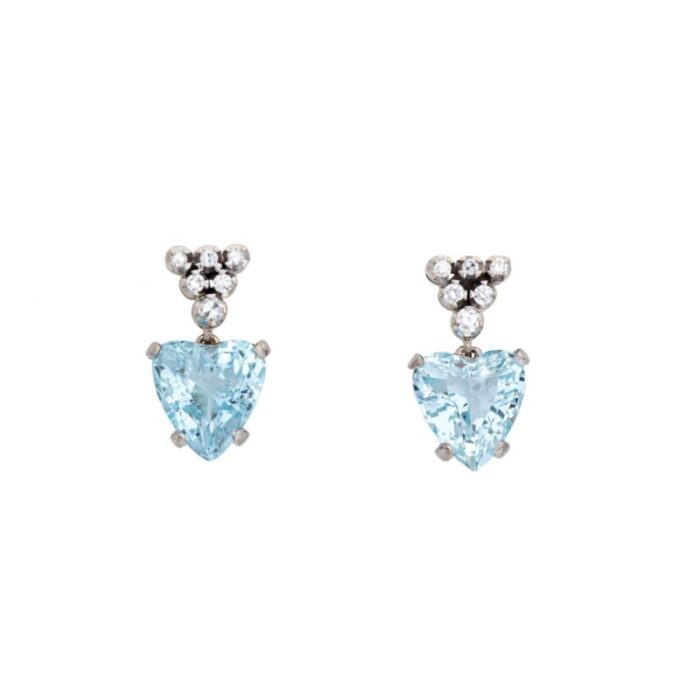 aquamarine heart diamond earrings vintage 18k white gold drops fine jewelry 5907