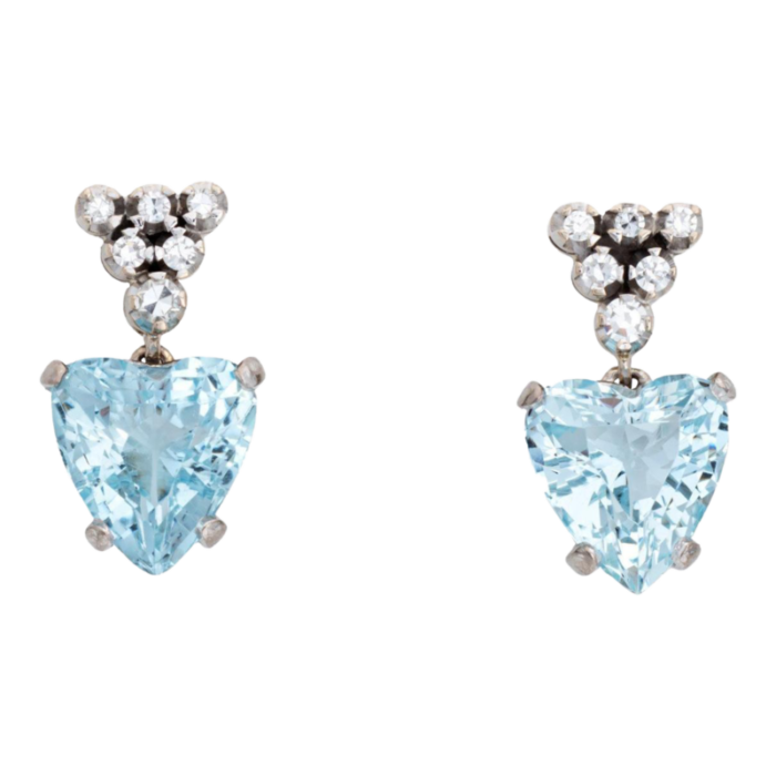 aquamarine heart diamond earrings vintage 18k white gold drops fine jewelry 6297