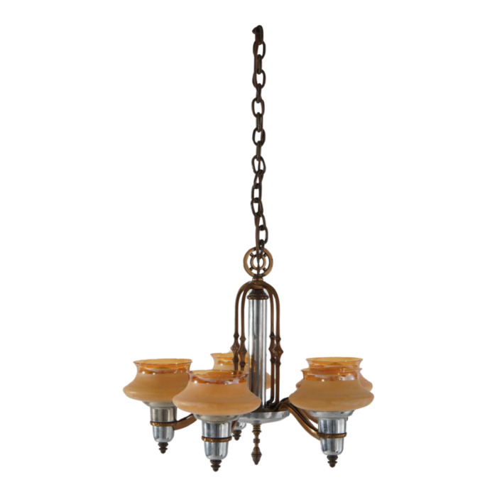 art deco chrome and bronzed metal chandelier with amber glass shades c1920 0128