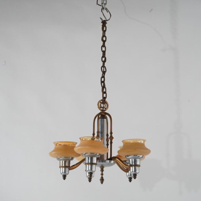 art deco chrome and bronzed metal chandelier with amber glass shades c1920 1010