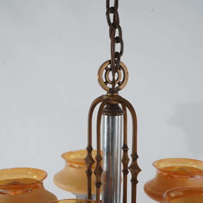 art deco chrome and bronzed metal chandelier with amber glass shades c1920 1620