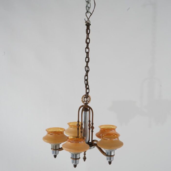 art deco chrome and bronzed metal chandelier with amber glass shades c1920 3171