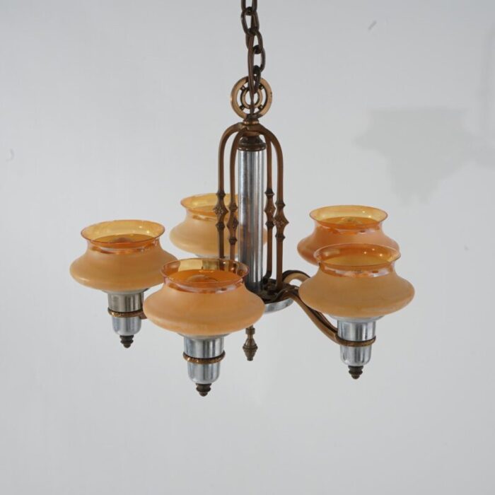 art deco chrome and bronzed metal chandelier with amber glass shades c1920 5807