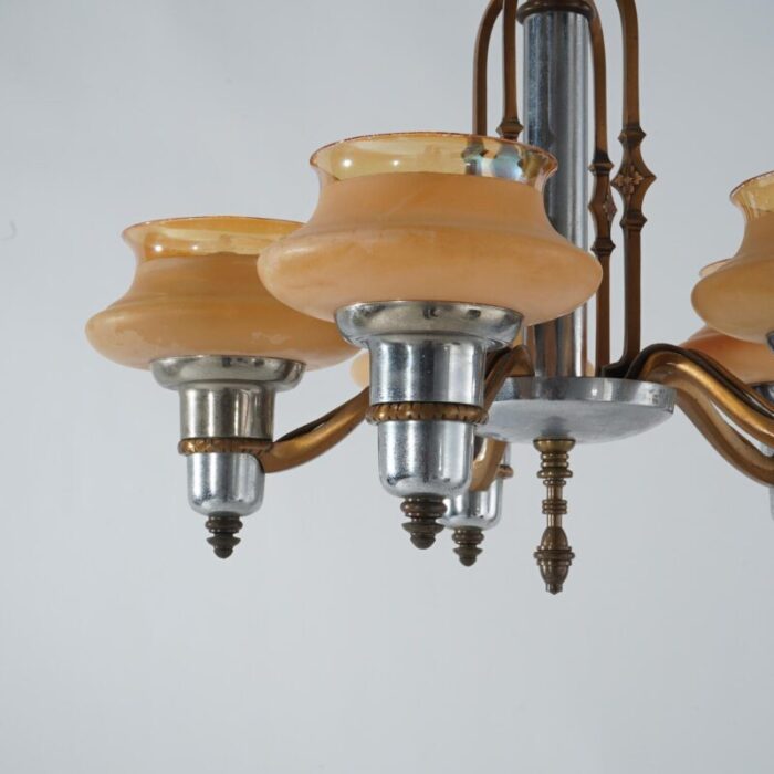 art deco chrome and bronzed metal chandelier with amber glass shades c1920 8245