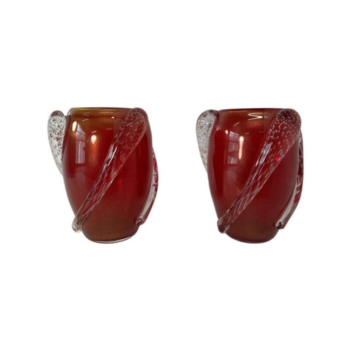 art deco italian cherry red gold leaf and transparent murano glass vases from cenedese 2000s set of 2 1