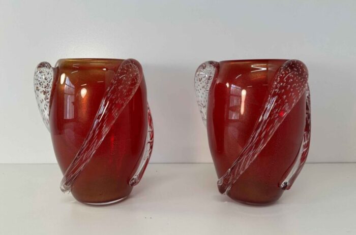 art deco italian cherry red gold leaf and transparent murano glass vases from cenedese 2000s set of 2 2