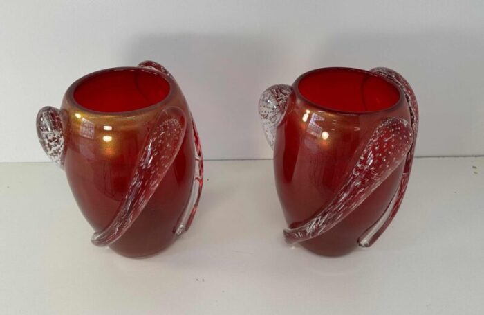 art deco italian cherry red gold leaf and transparent murano glass vases from cenedese 2000s set of 2 3