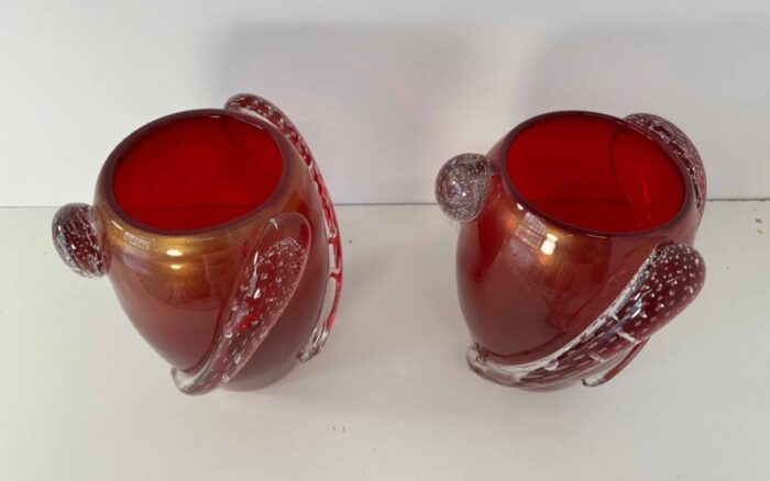 art deco italian cherry red gold leaf and transparent murano glass vases from cenedese 2000s set of 2 4