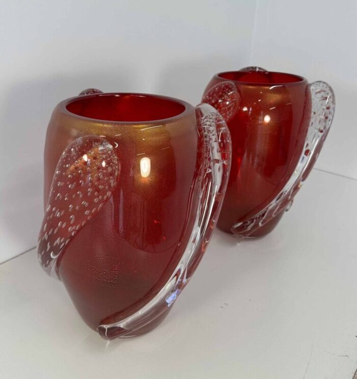 art deco italian cherry red gold leaf and transparent murano glass vases from cenedese 2000s set of 2 5