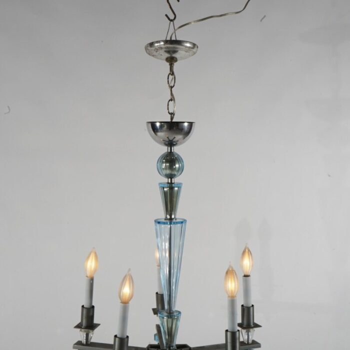 art deco mid century modern chrome and aqua blue glass five light chandelier c1950 0650