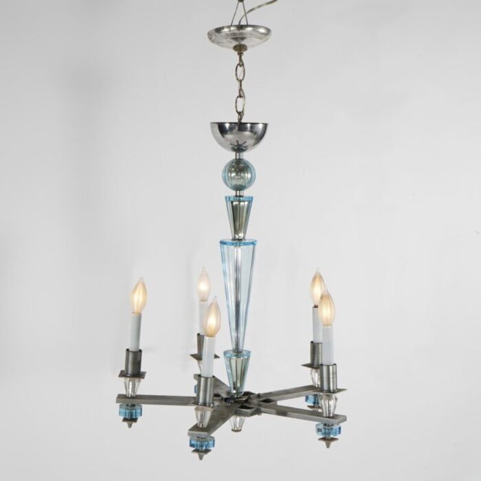 art deco mid century modern chrome and aqua blue glass five light chandelier c1950 1172