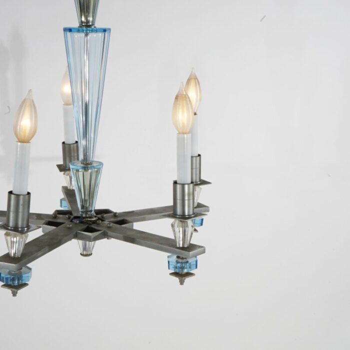 art deco mid century modern chrome and aqua blue glass five light chandelier c1950 2489