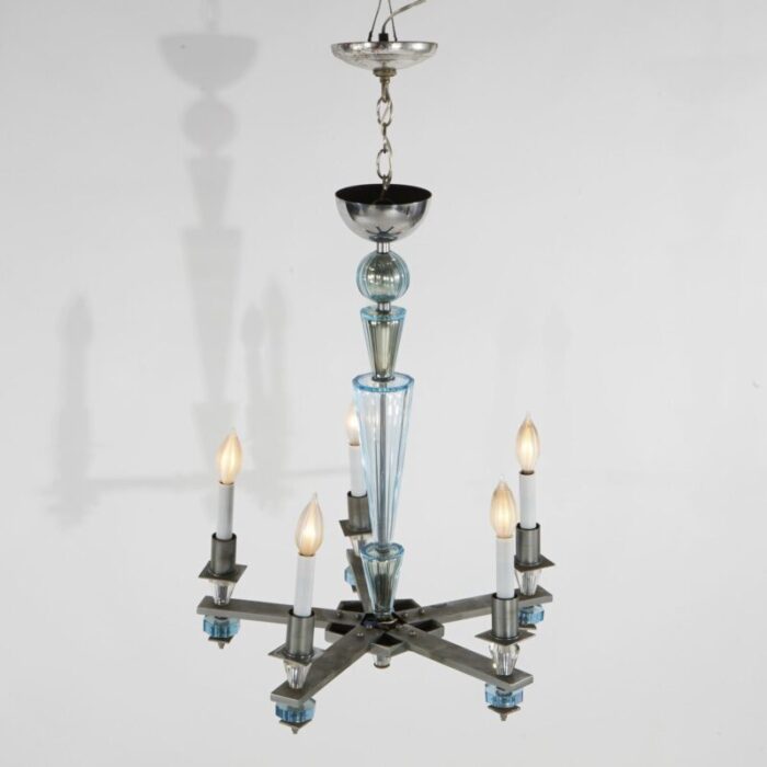 art deco mid century modern chrome and aqua blue glass five light chandelier c1950 2629