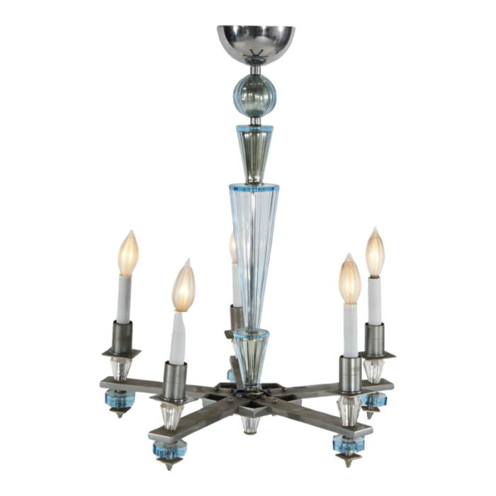 art deco mid century modern chrome and aqua blue glass five light chandelier c1950 5773