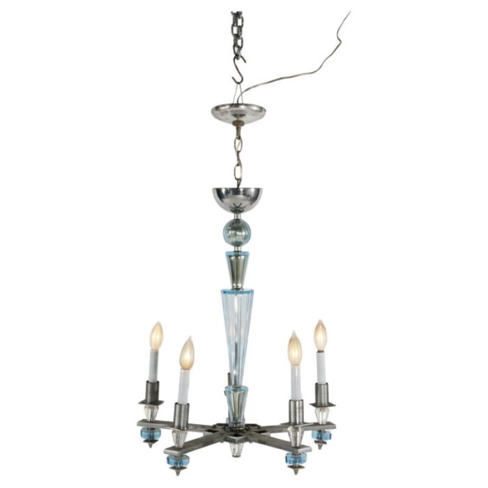 art deco mid century modern chrome and aqua blue glass five light chandelier c1950 6026