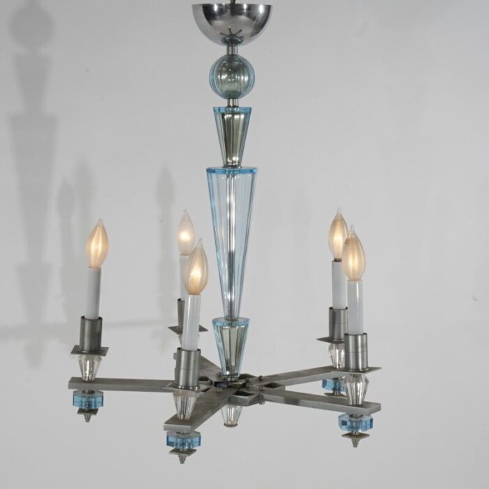 art deco mid century modern chrome and aqua blue glass five light chandelier c1950 6777