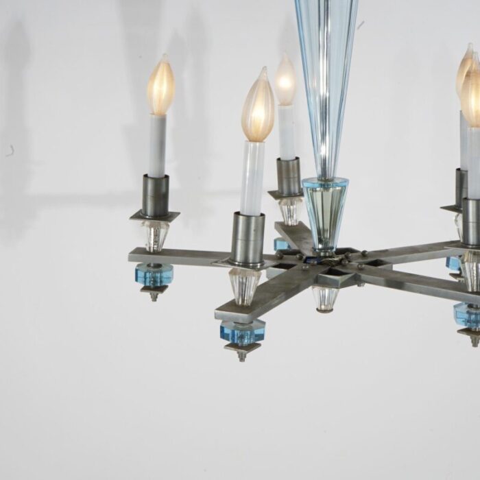 art deco mid century modern chrome and aqua blue glass five light chandelier c1950 8155