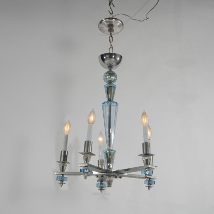 art deco mid century modern chrome and aqua blue glass five light chandelier c1950 9762