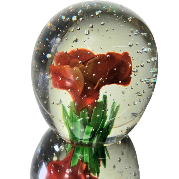 art glass red flower paperweight bullicante bubble 275 7679