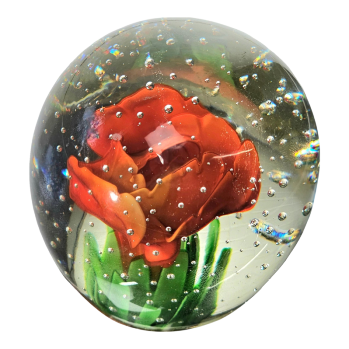 art glass red flower paperweight bullicante bubble 275 8079