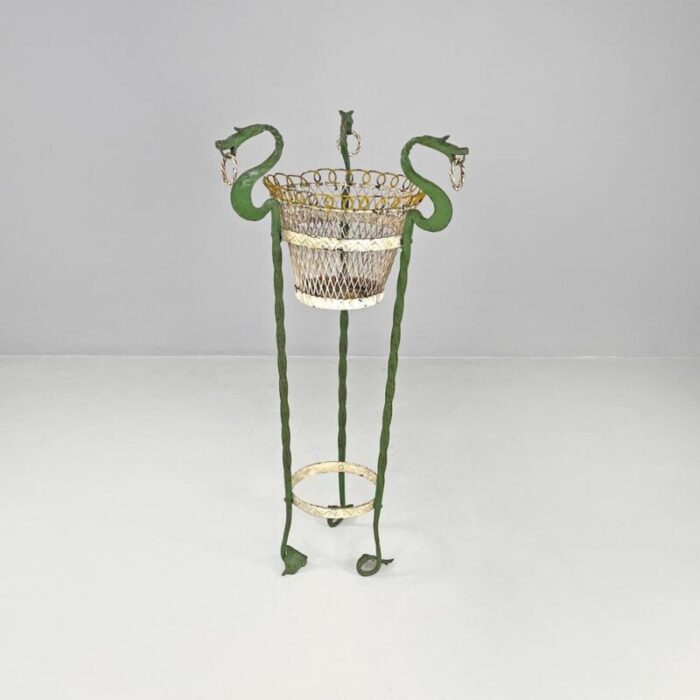 art nouveau italian green wrought iron vase holder with decorative dragons 1900s 2