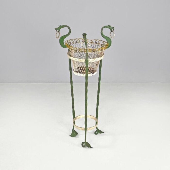 art nouveau italian green wrought iron vase holder with decorative dragons 1900s 3