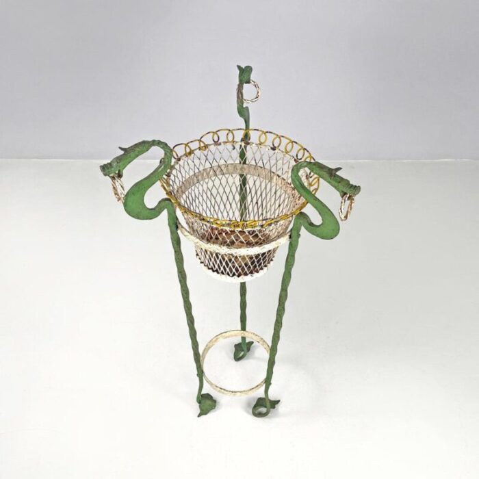 art nouveau italian green wrought iron vase holder with decorative dragons 1900s 4