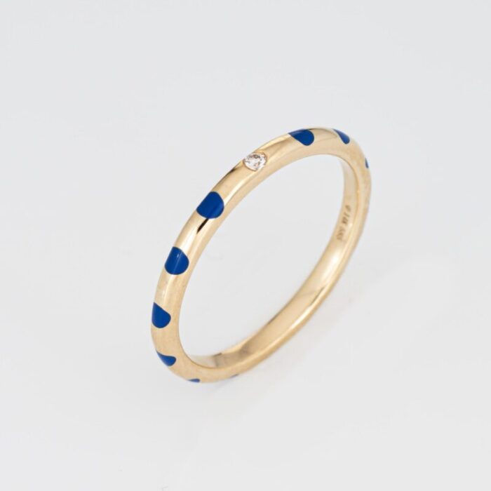 blue polka dot enamel diamond ring sz 65 14k yellow gold stacking band jewelry 6842