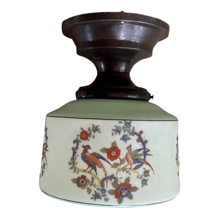 botanical and bird motif painted cased glass flush mount fixture on bronze holder circa 1930 2660