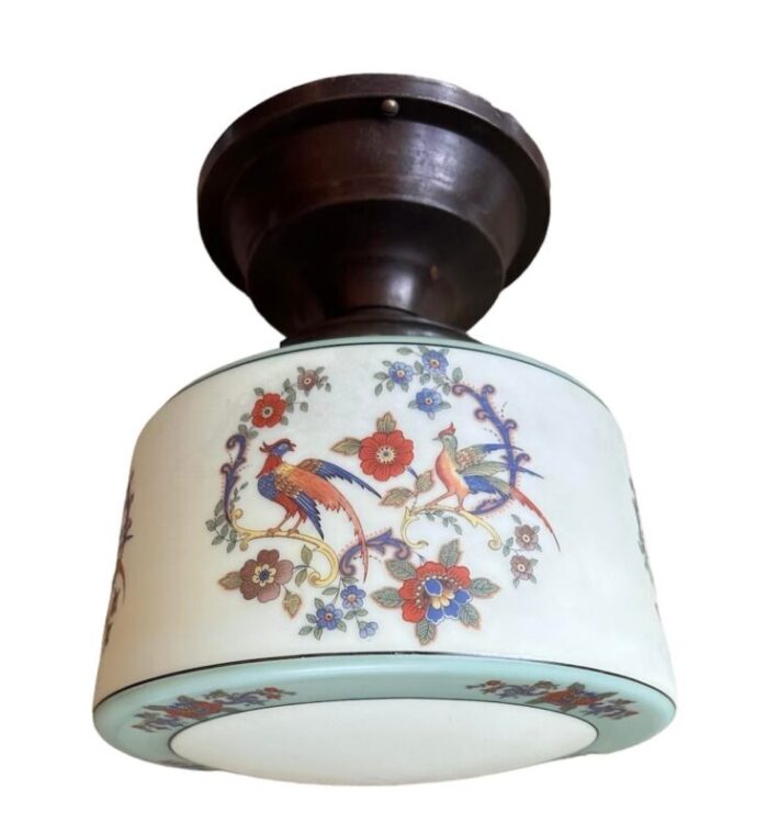 botanical and bird motif painted cased glass flush mount fixture on bronze holder circa 1930 4347